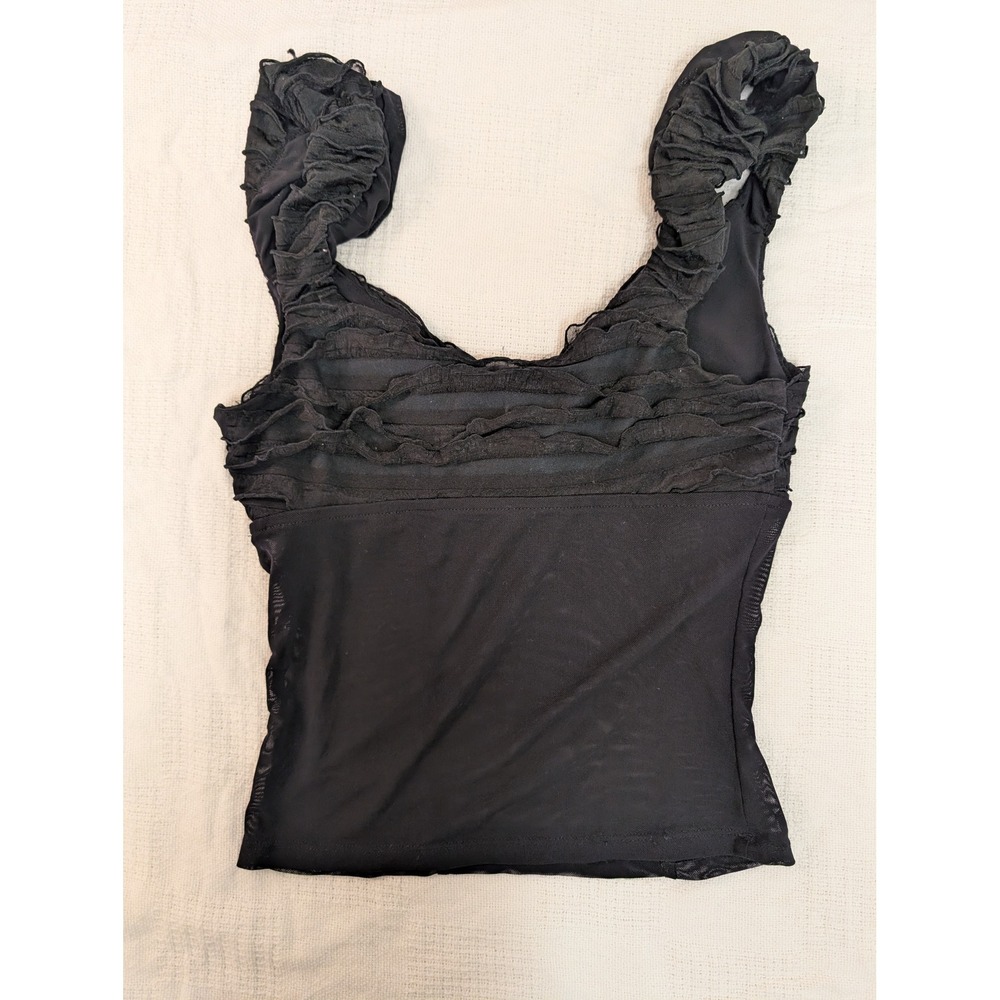Kimchi Blue Black Sheer Mesh Ruffle Tank Top Women's M/L Ruched Tie Front - Picture 5 of 6